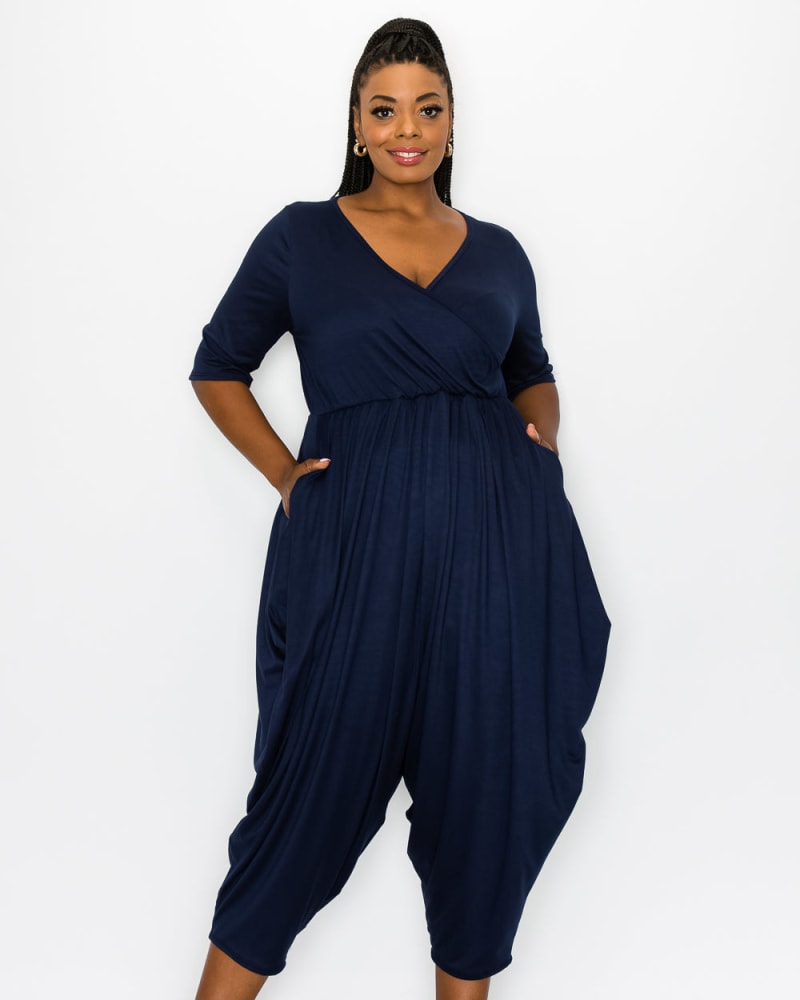 Front of a model wearing a plus size Rebecca Pocket Jumpsuit in Navy by L I V D. | dia_product_style_image_id:240688